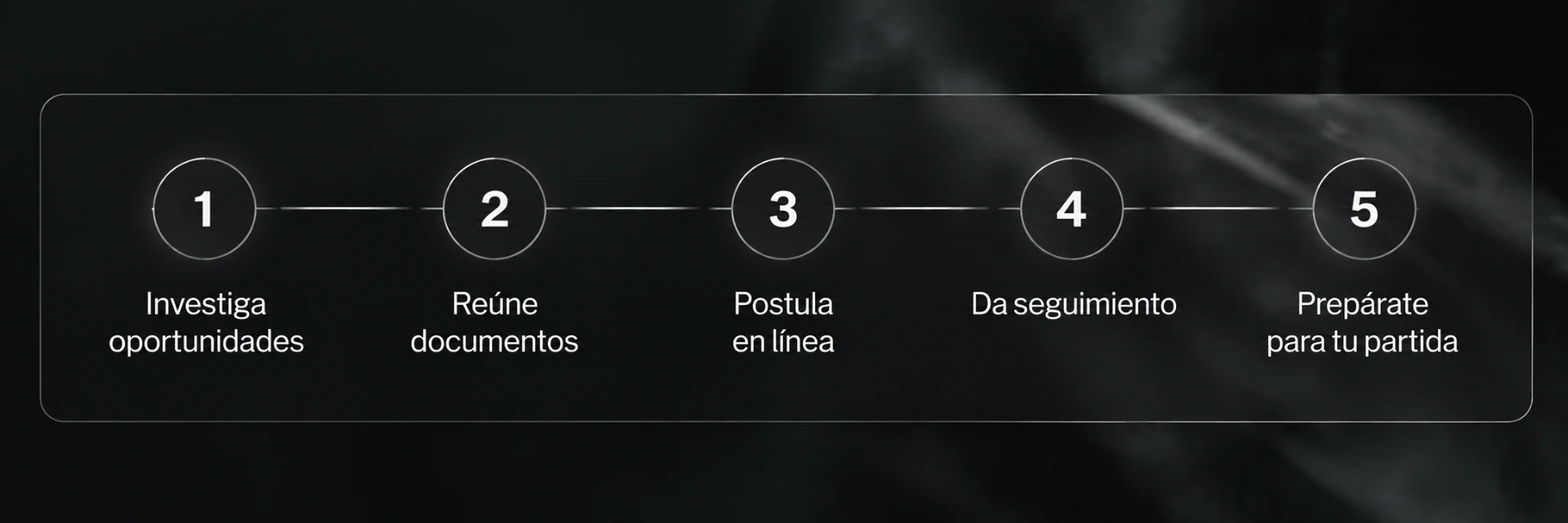 Cinco pasos: investiga oportunidades, reúne documentos, postula en línea, da seguimiento y prepárate para tu partida